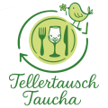 Tellertausch-Logo: ein Teller mit Glas, Messer und Gabel sowie ein Vogel.